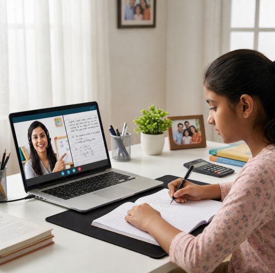 Student attending live online tuition class with an online tutor