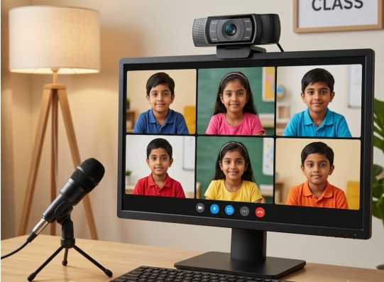 Professional webcam and studio microphone used for a live online tutoring class with students in a virtual classroom