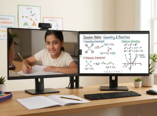 Dual-monitor online tutoring setup showing a student on one screen and lesson content on the other for personalized learning and live monitoring