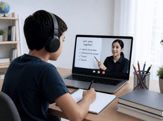 Student attending a one-to-one online tutoring class with a teacher to identify learning gaps and improve weak subjects.