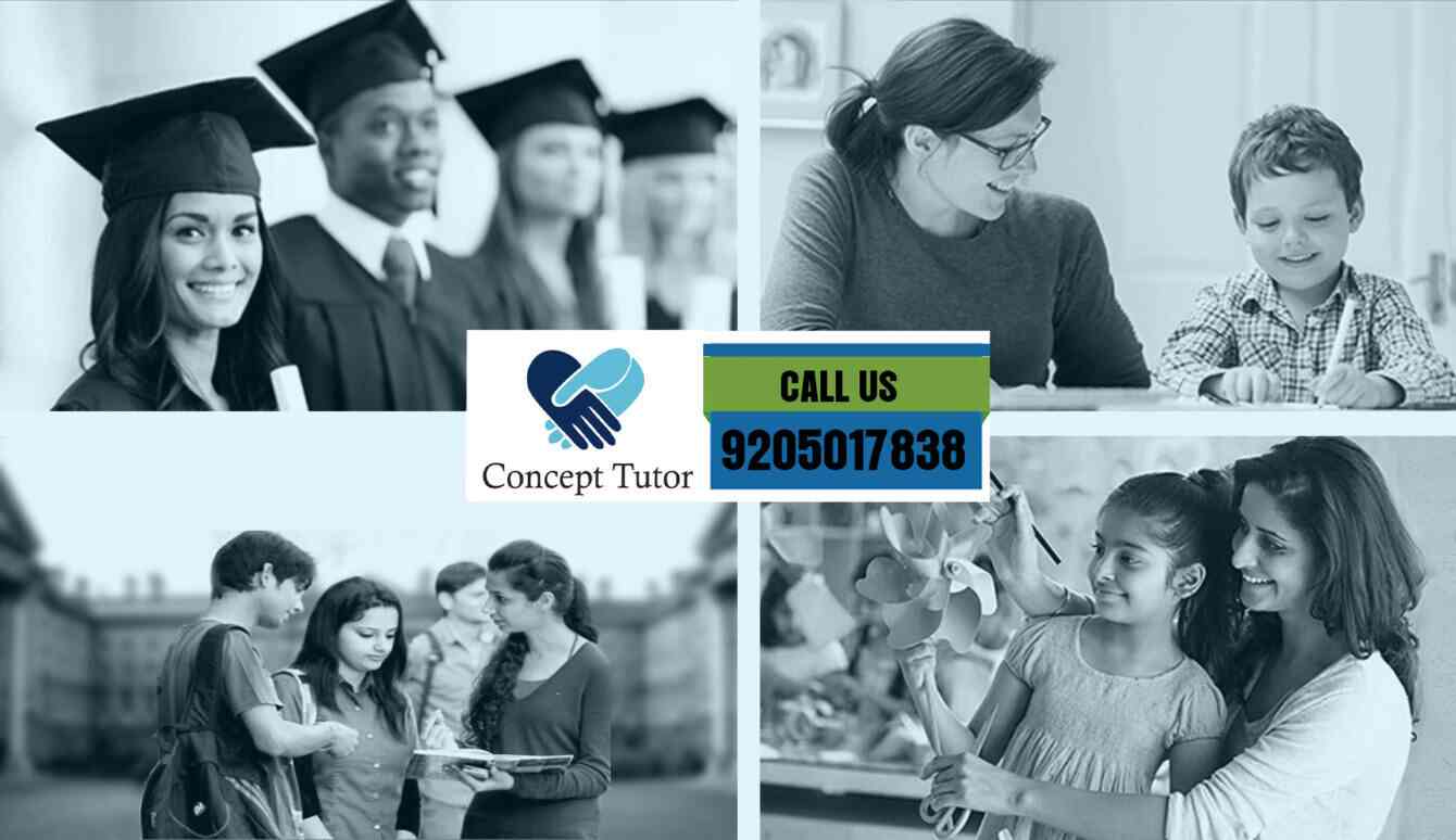 Hero image featuring two pictures of tutors conducting classes, two pictures of scholarly students, and the Concept Tutor logo depicting best home tuition in Delhi & NCR.