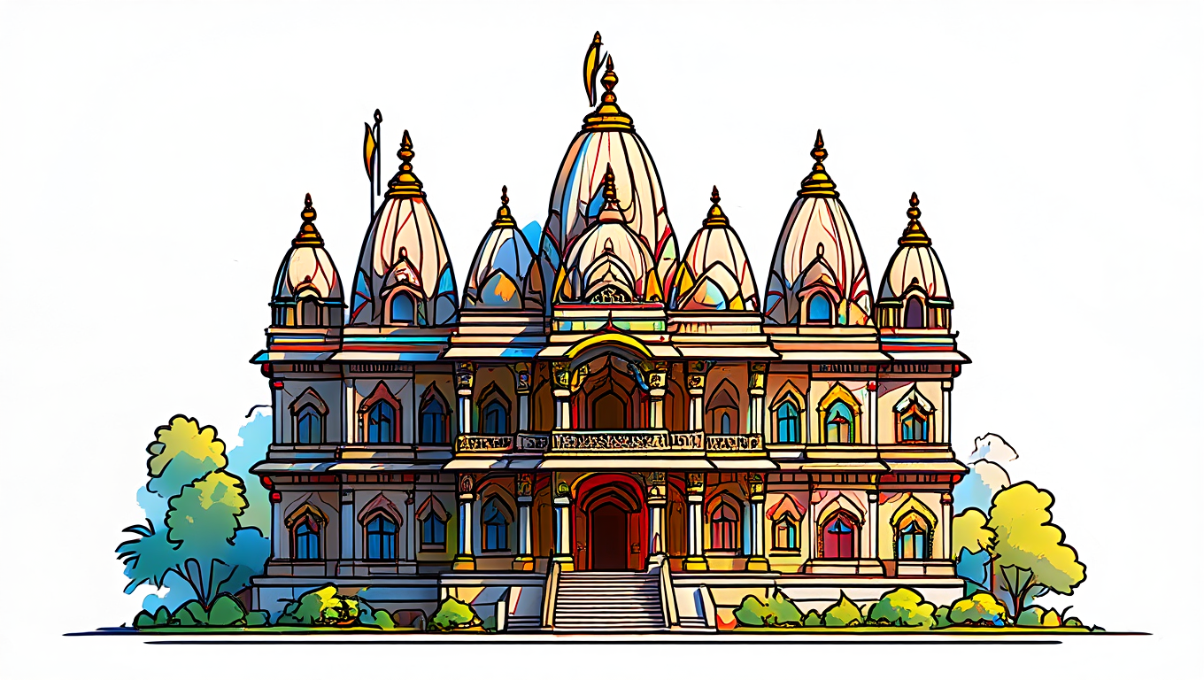 A colorful outline sketch of ISKCON Temple, Ghaziabad symbolizing best home tutor in ghaziabad
