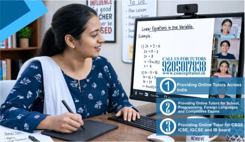 Female tutor conducting live online math class on a computer screen for linear equations, representing Concept Tutor online tuition services.