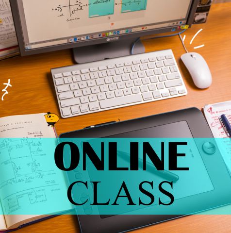 Small size image showcasing setup for online classes like laptop, pentab, mouse, keyboard etc symbolizing both online and offline tutors available