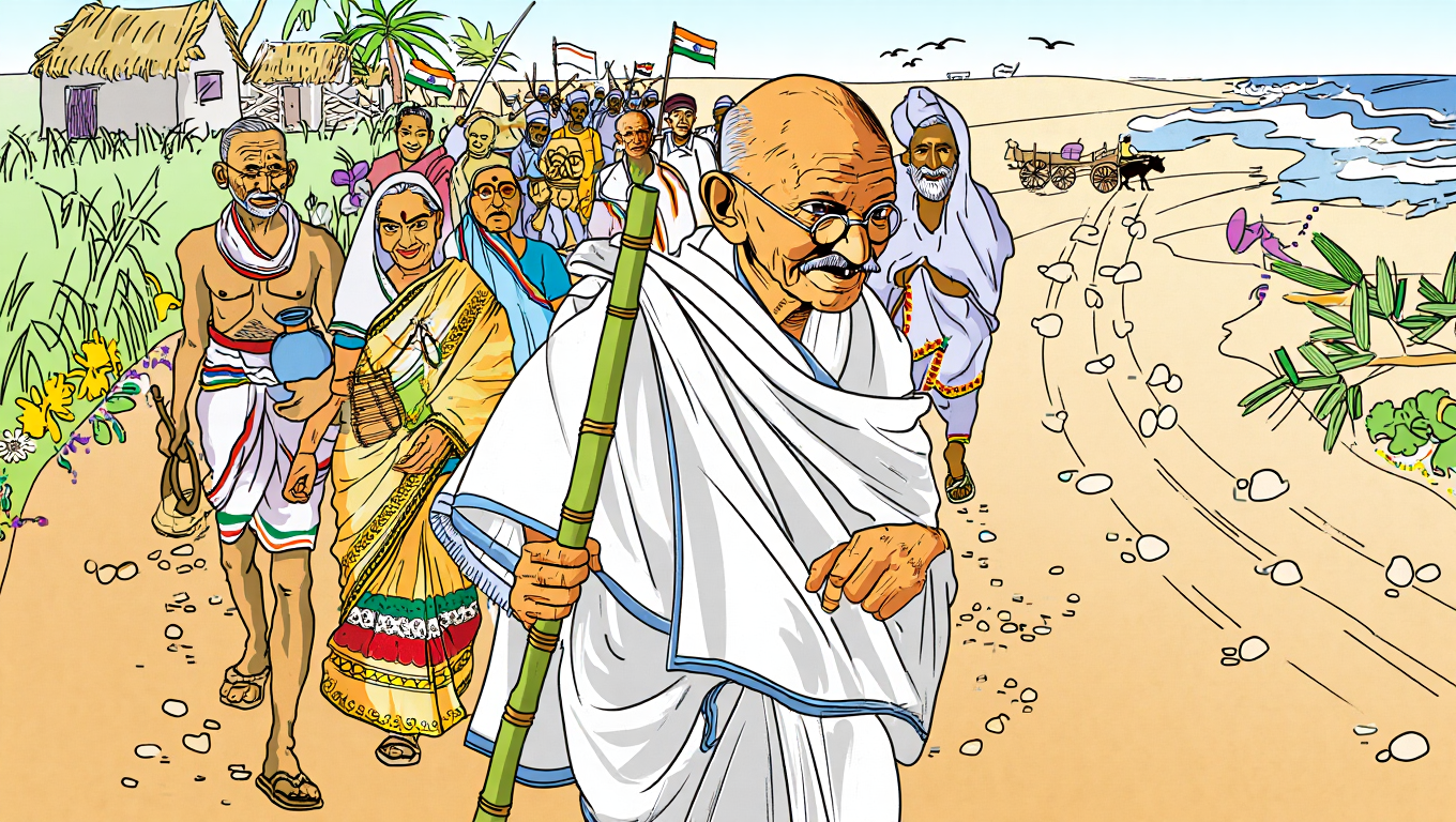 A colorful outline sketch of Mahatma Gandhi and his followers symbolizing best sst tutor