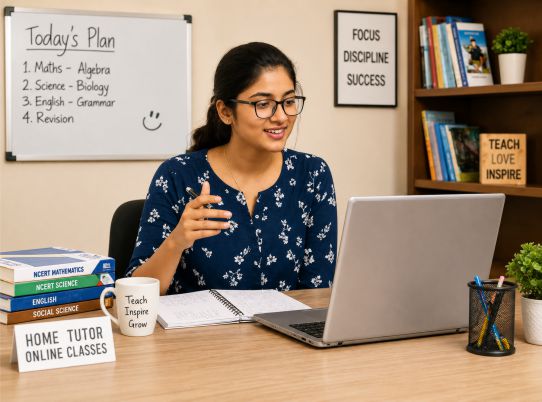 Experienced private online tutor teaching a live one-to-one class from a home workspace using a laptop.